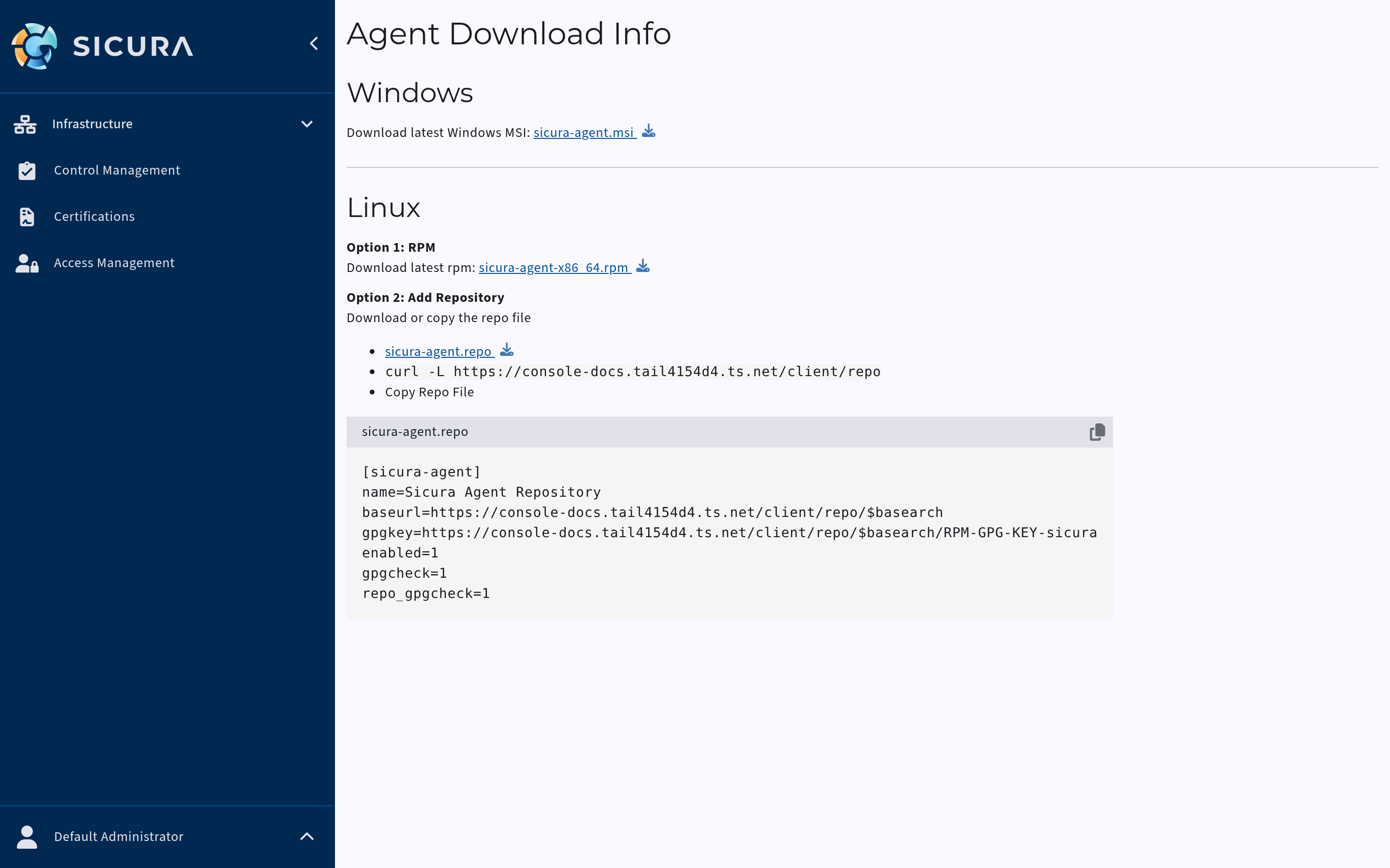 Agent Downloads drawer with Windows and Linux installers
