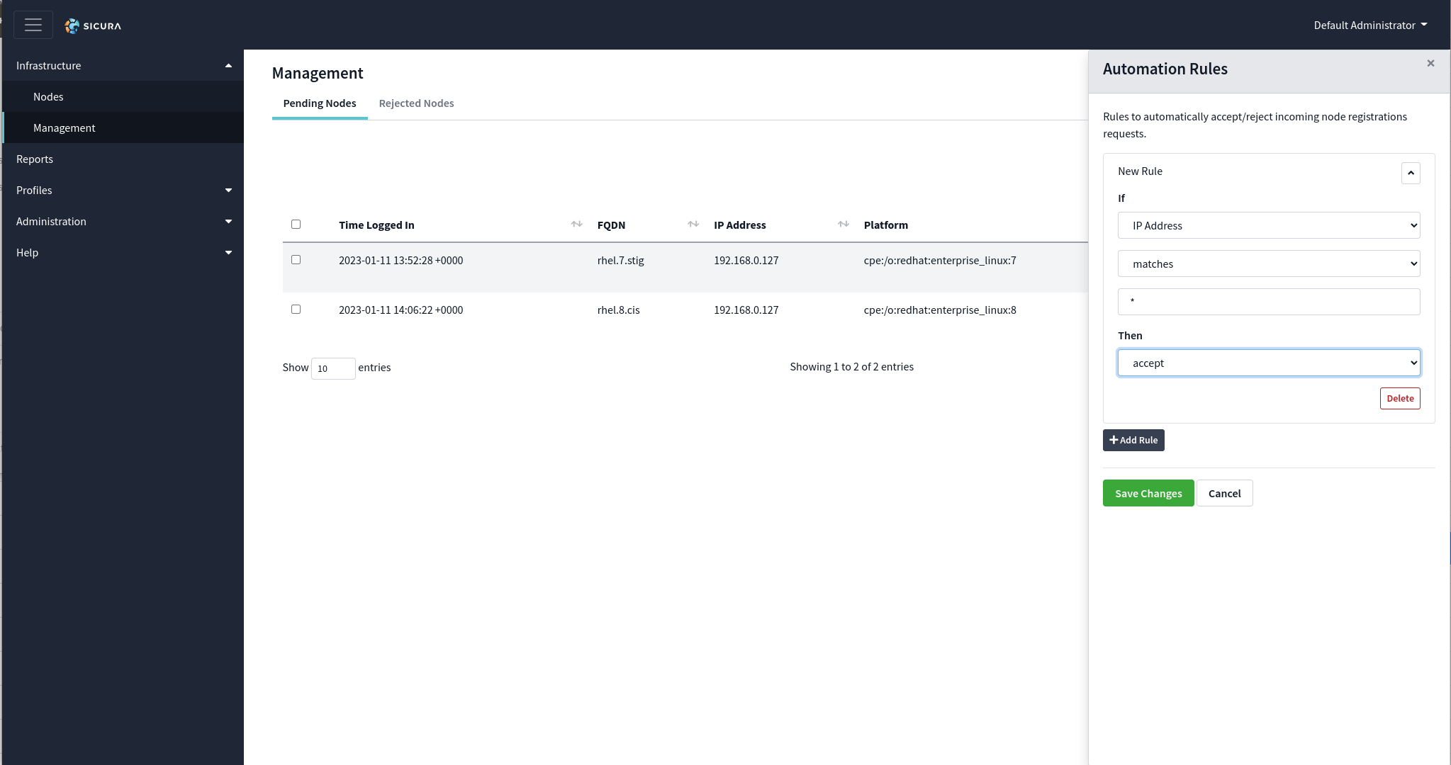 Automation Rules drawer configured with an If/Then wildcard rule