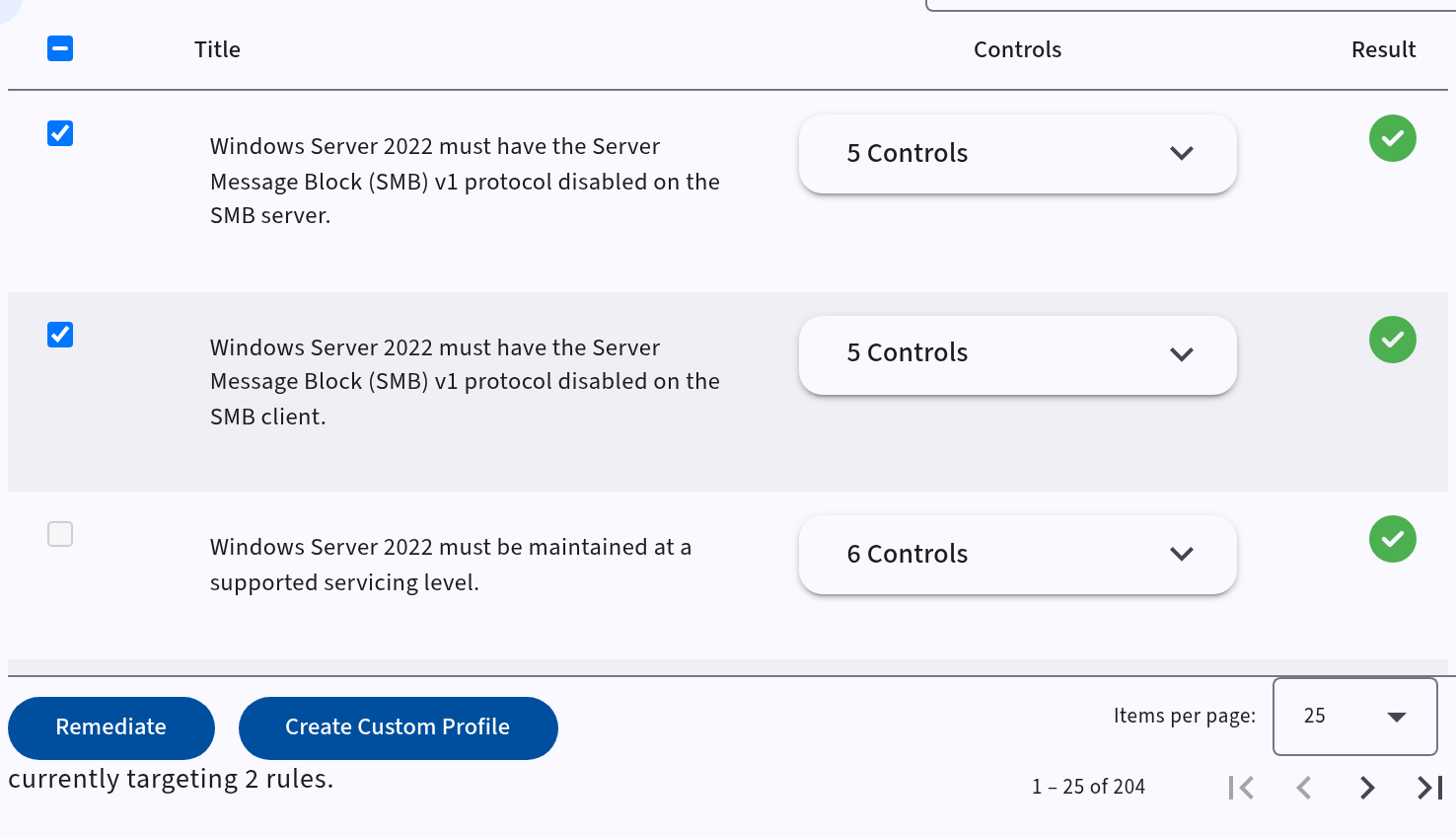 Checkboxes for selecting multiple rules to remediate