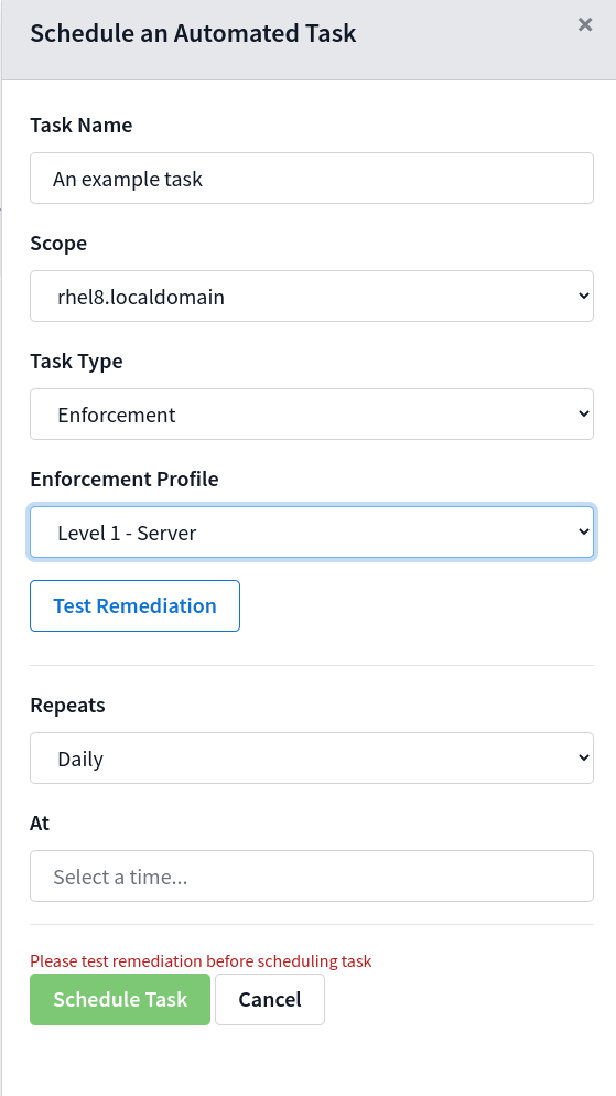 Configure task drawer with profile and Test Remediation button