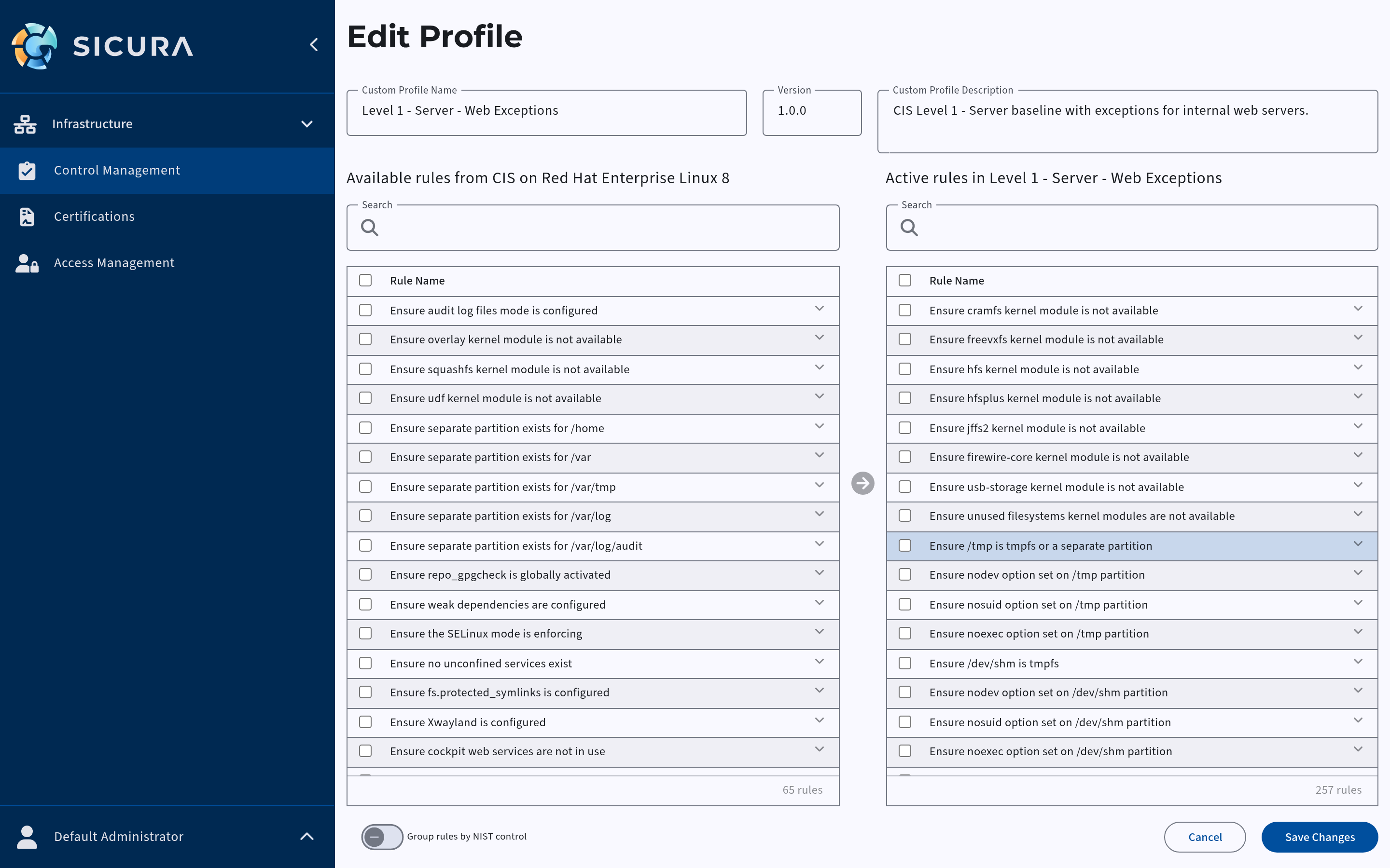 Edit Profile window with active and available rules columns