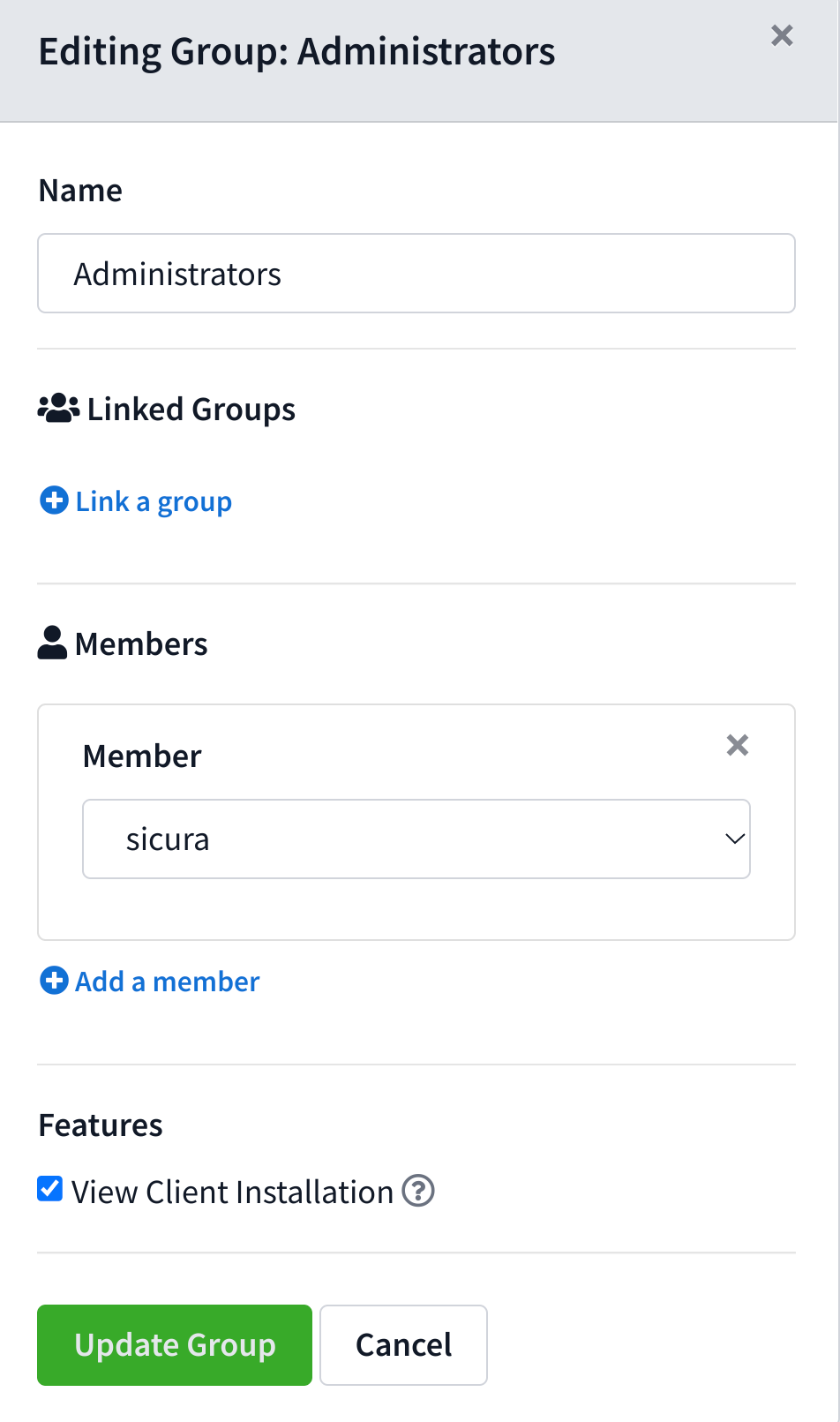 Edit group drawer for adding or removing users