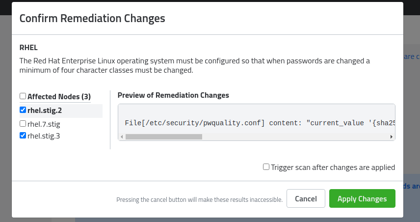 Preview window listing remediation changes per node with selection checkboxes