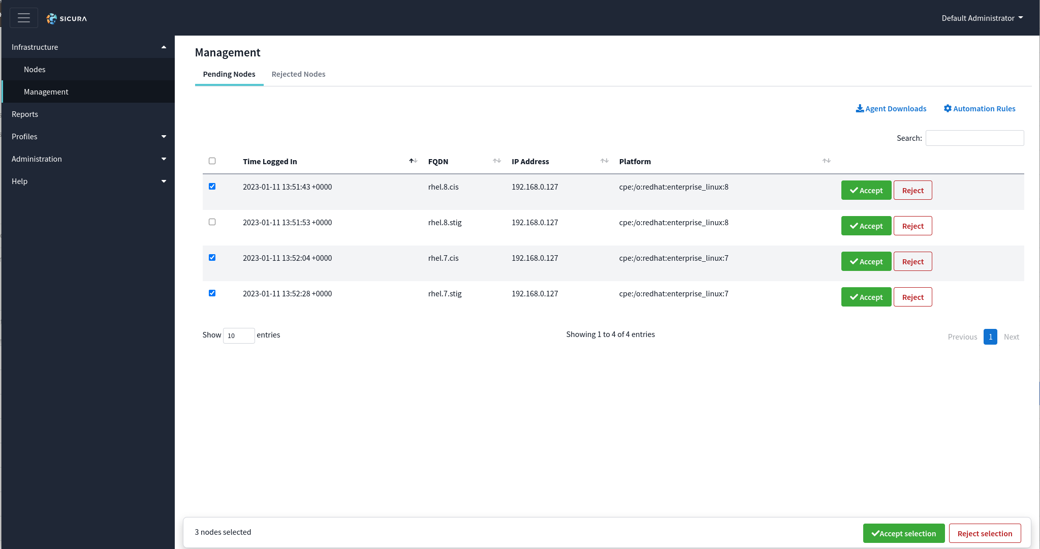 Multiple pending nodes selected with Accept and Reject buttons above the table