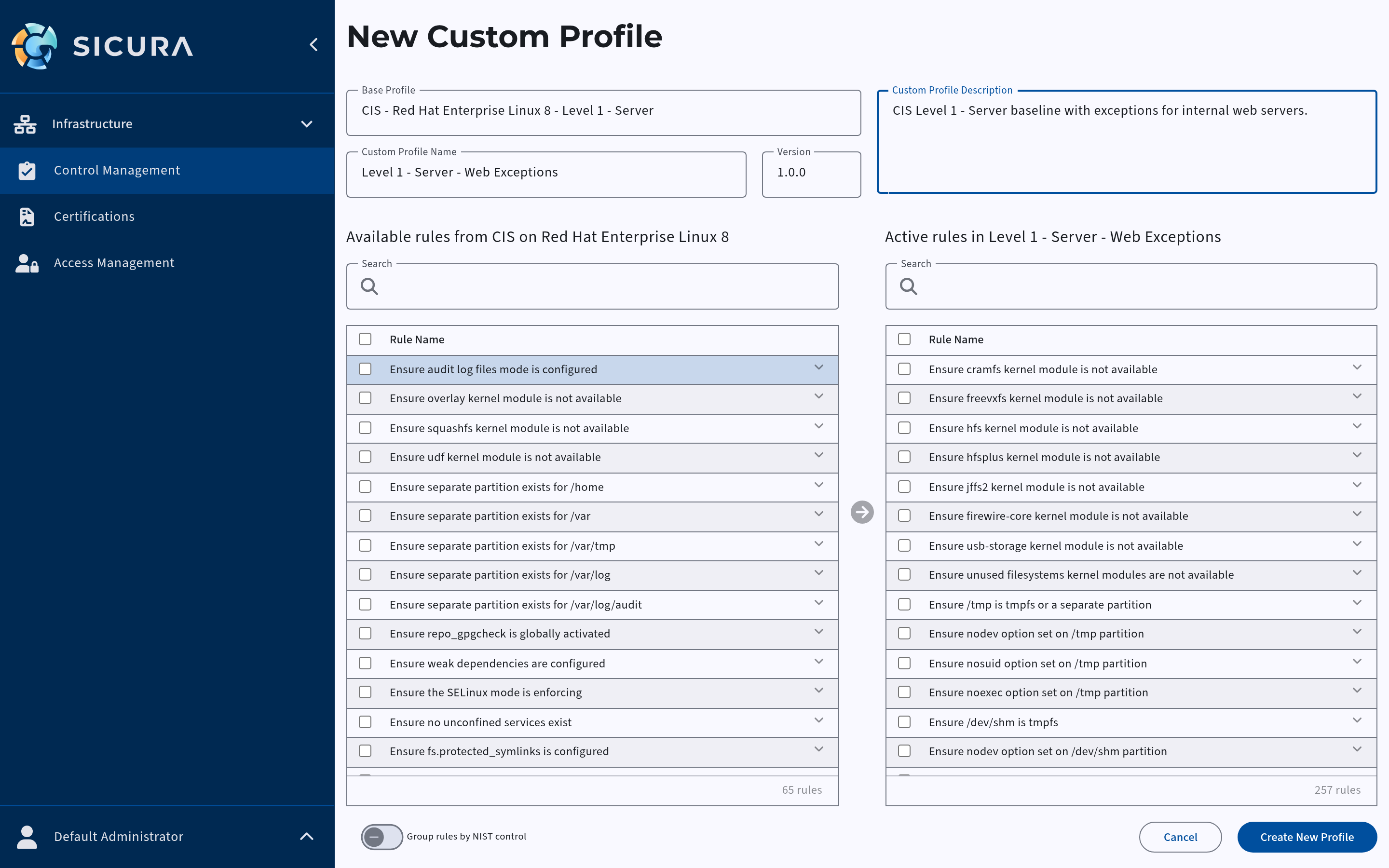 New custom profile form with name, description, and rule selection