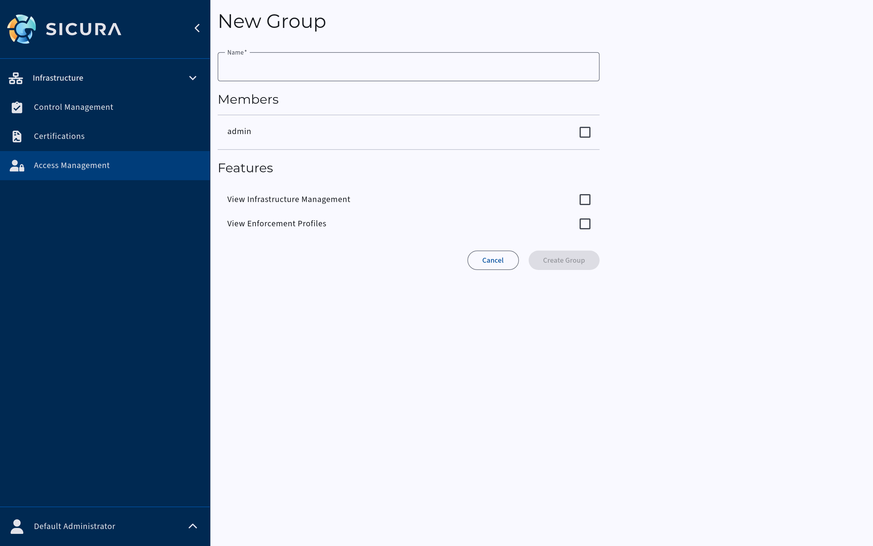 New group creation drawer with feature checkboxes