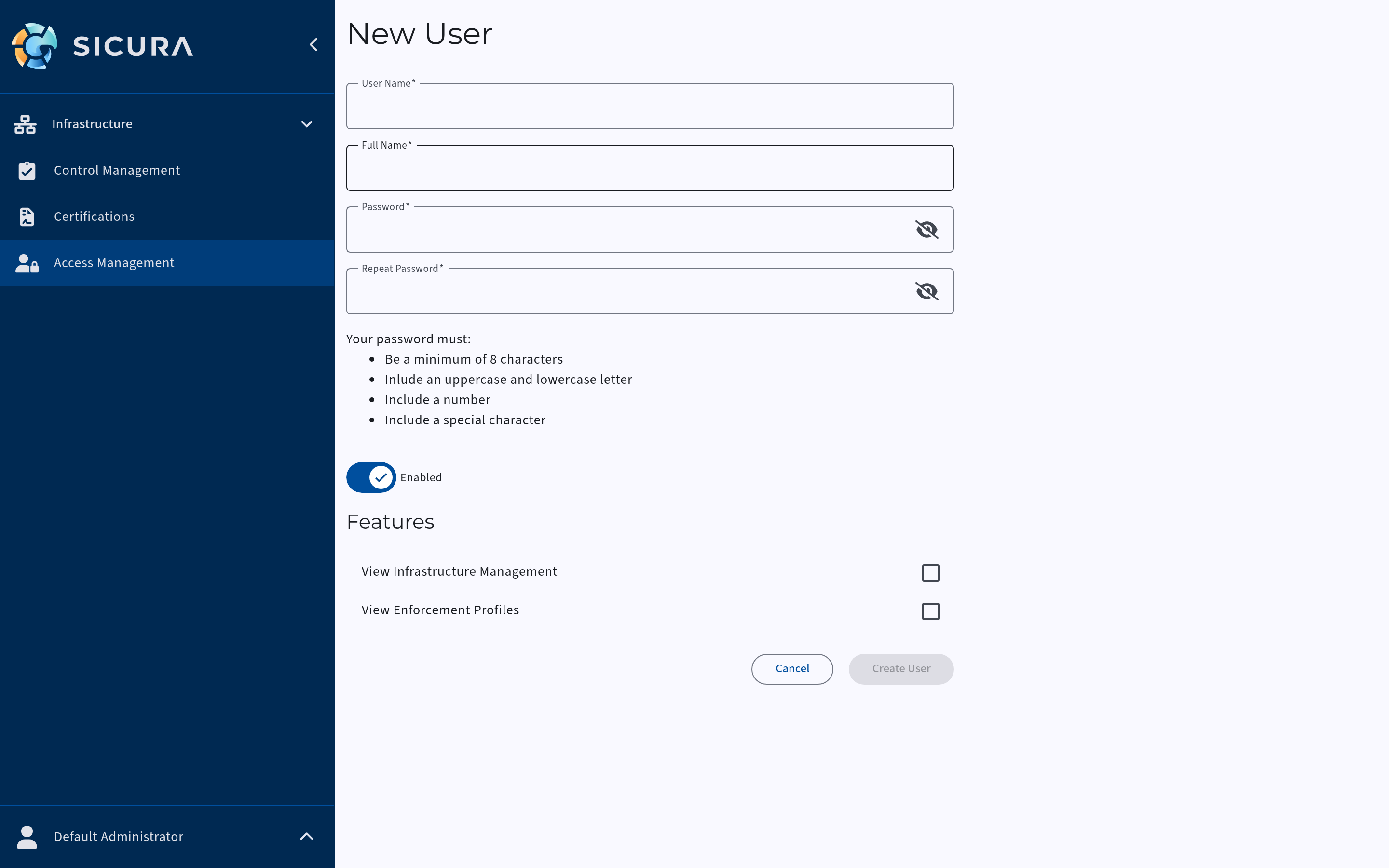 User creation drawer for adding a new account