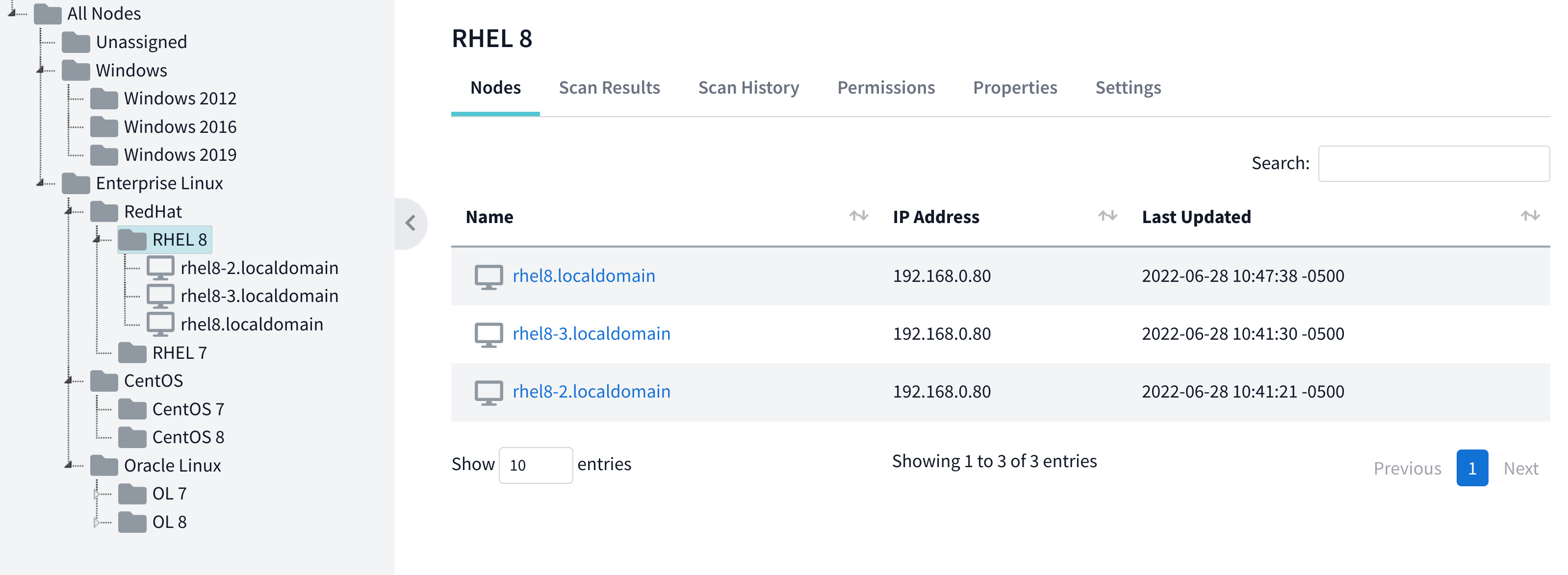 Nodes tab listing node name, IP address, and last update date