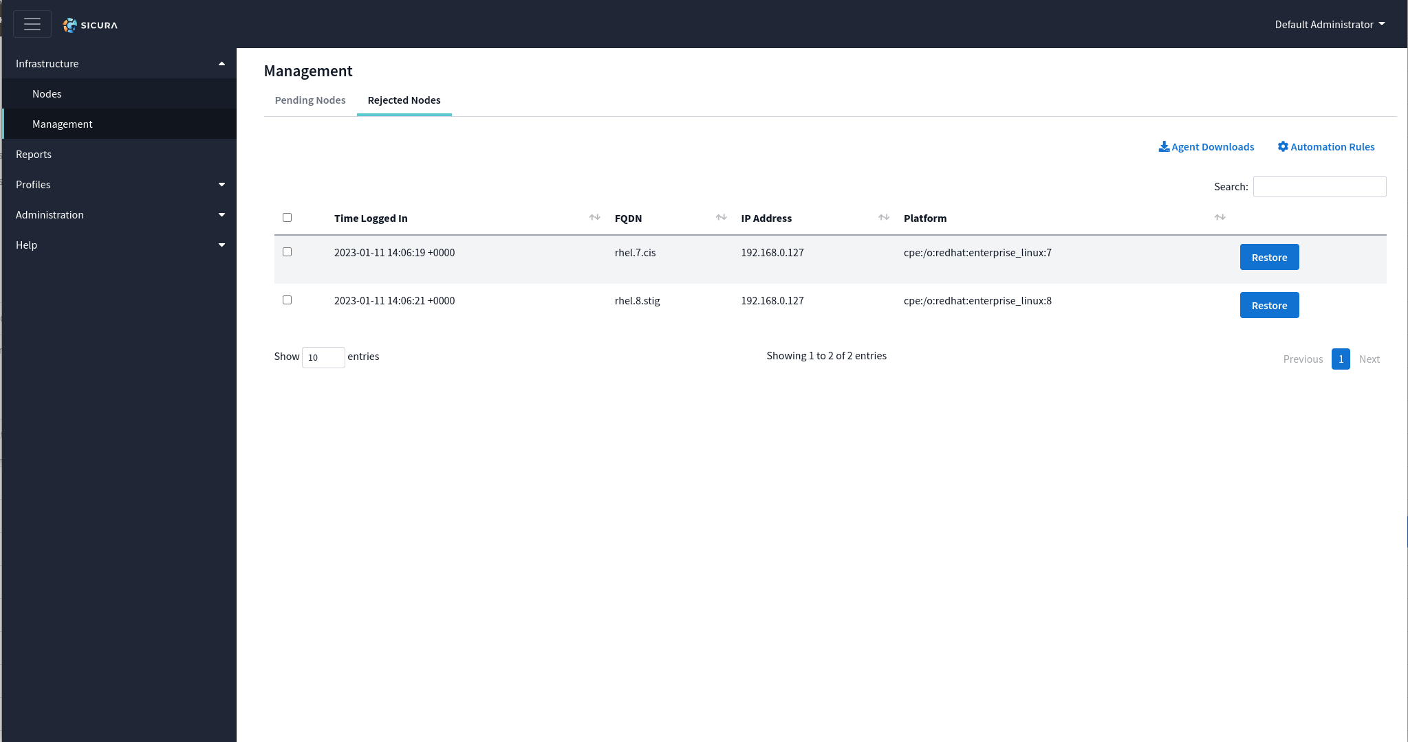 Rejected Nodes tab listing nodes that were rejected