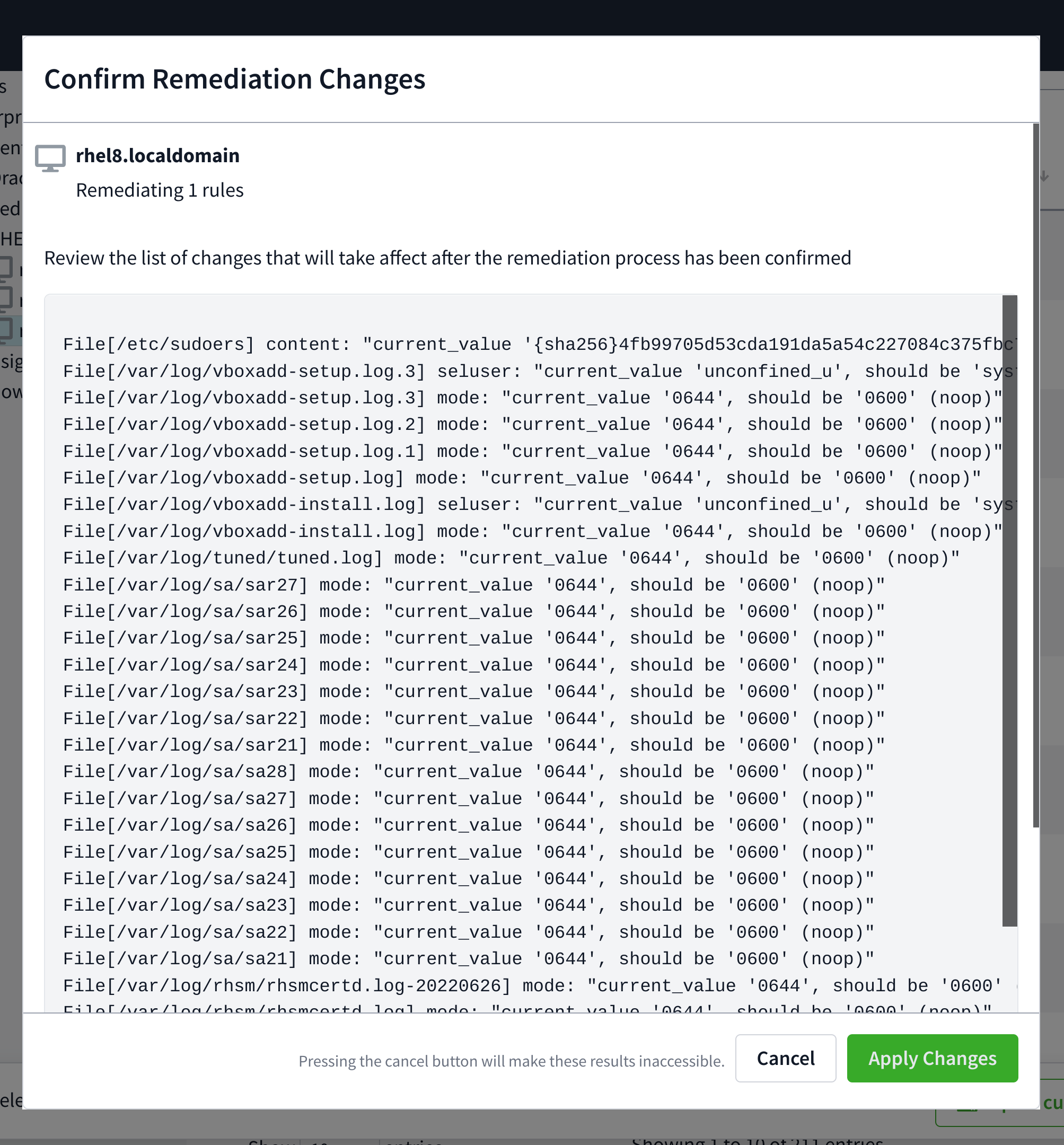Remediation change preview listing actions to apply