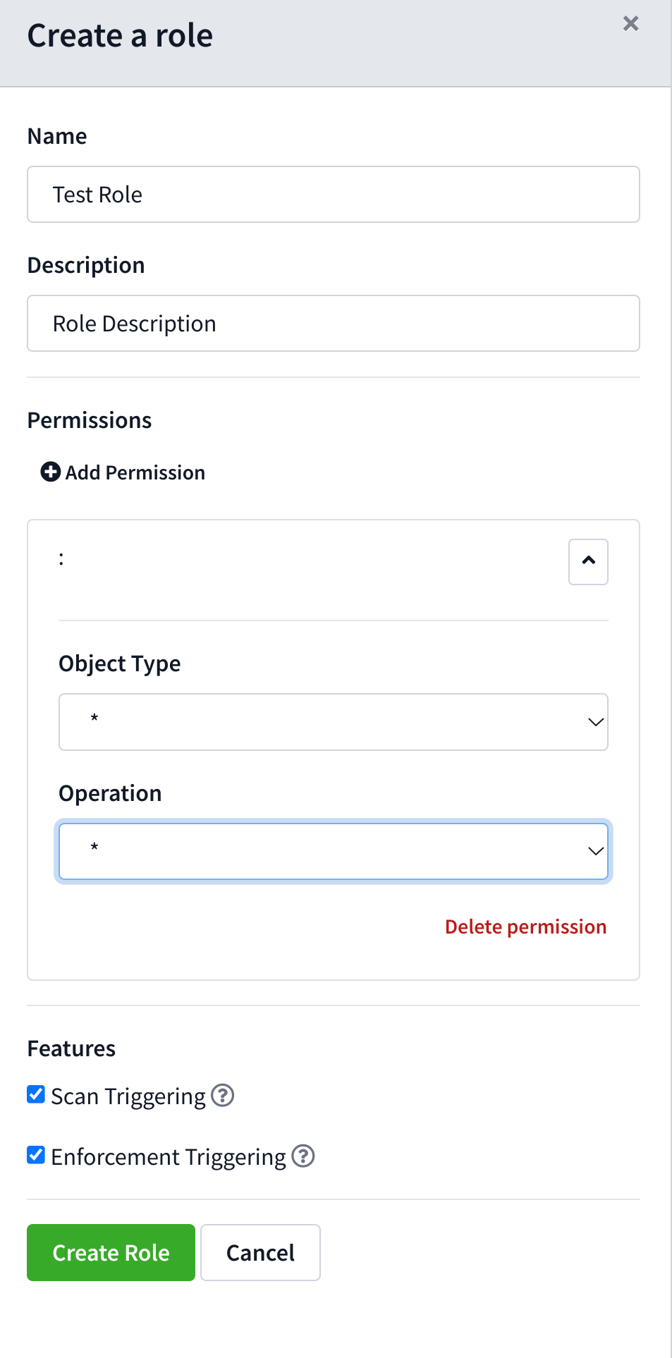 New role creation drawer with feature toggles