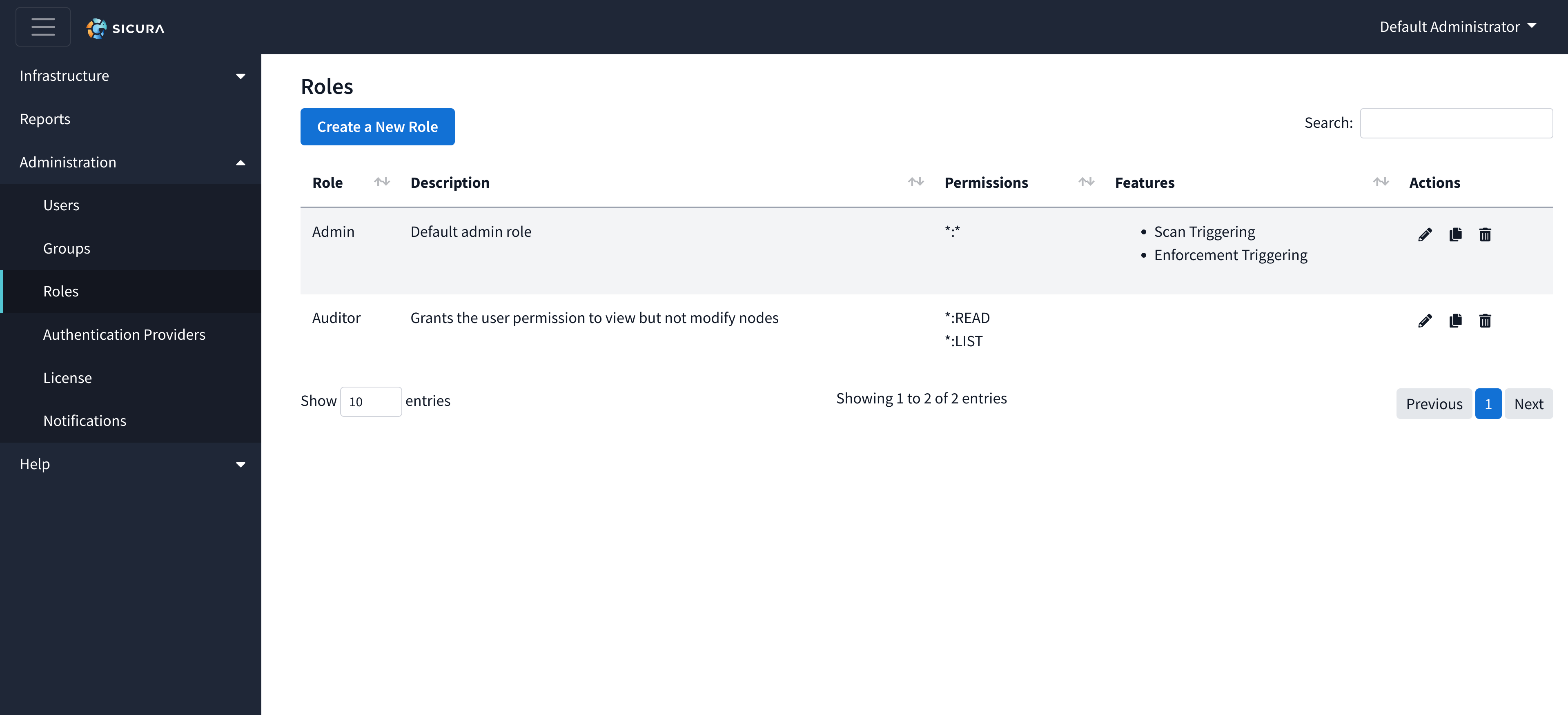 Roles tab listing defined roles and capabilities