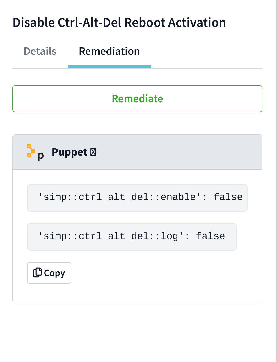 Scan drawer Remediation tab with Remediate button and Hiera data