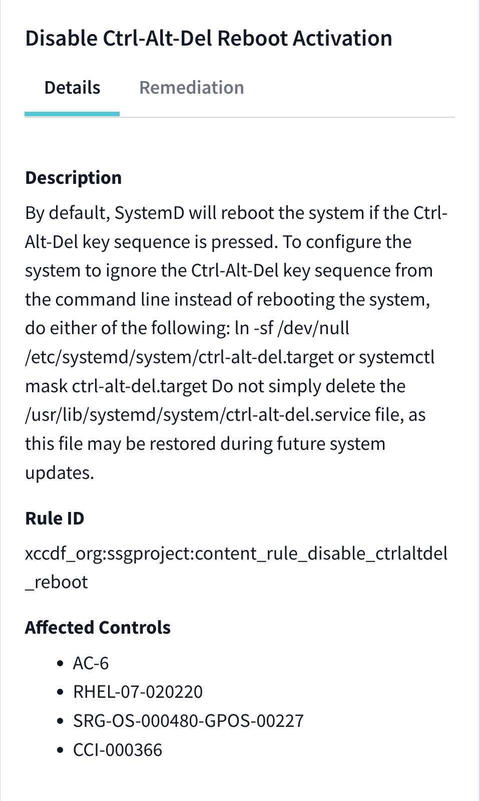 Scan drawer Details tab with description, XCCDF ID, and controls