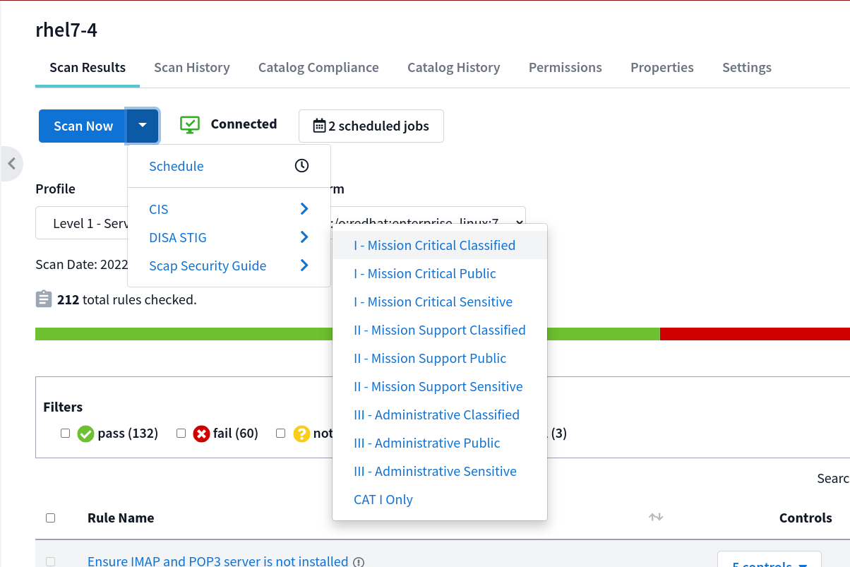 Scan Now dropdown listing benchmark authors and profiles