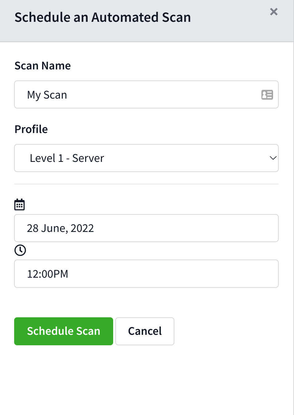 Schedule Scan drawer with scan options for the Agent