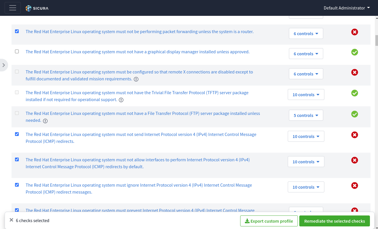 Selected rule checkboxes with the Export custom profile option