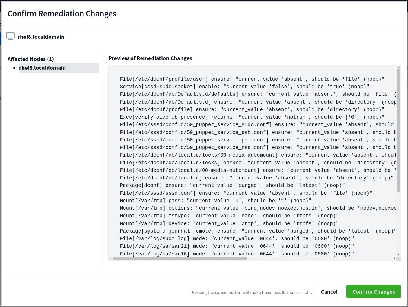 Test remediation modal showing expected changes per node