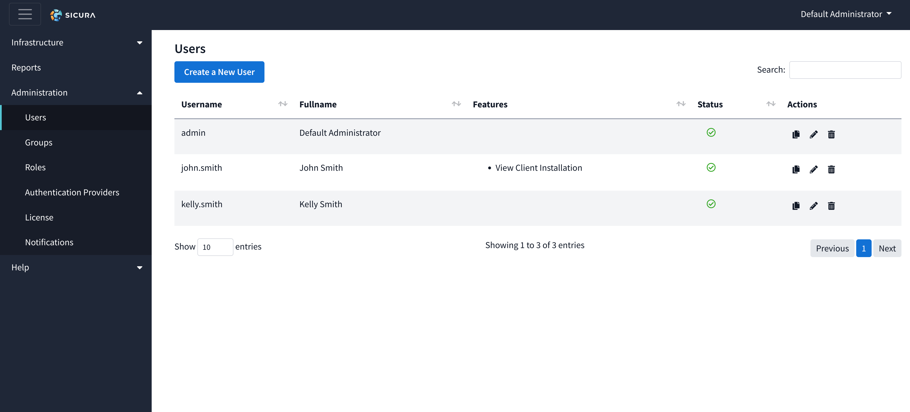 Users tab listing all user accounts