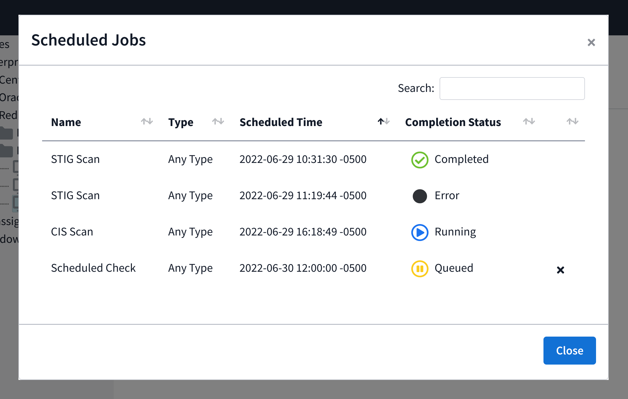 Scan viewer modal showing failed, completed, running, and scheduled scans